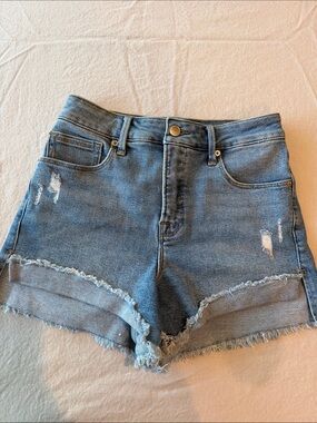 Good American Light Blue High Waist Distressed Denim Shorts